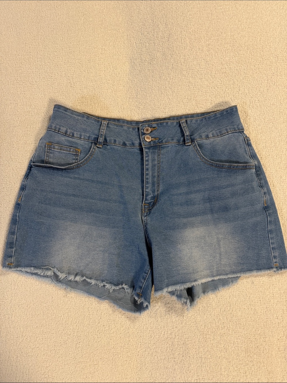 High-Rise Light Blue Denim Shorts with Frayed Hem - Picture 6 of 10